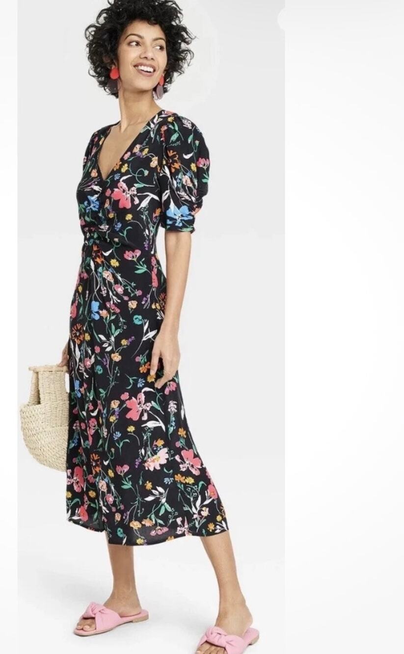 A New Day Balck Floral Multicolor Ruched Puff Sleeve Midi Dress Size L Large